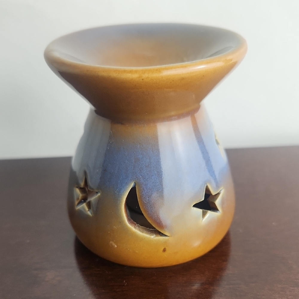 Ceramic Blue Brown Oil Burner Tea Light Candle Holder Moon Star